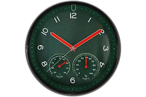 MPM Quality Design Kunststoff-Wanduhr, Grün, Quarz-Schrittmotor, Hygrometer, Thermometer, Temperatur- und Luftfeuchtigkeitsanzeige, Originelles Zifferblatt, E01.3084.40, ∅ 314 x 45 mm