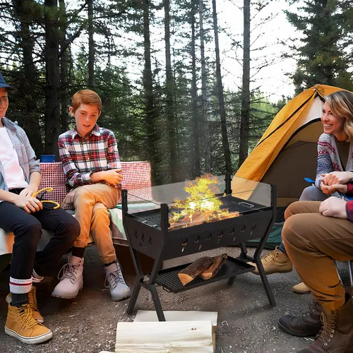 GOPLUS 3 in 1 Holzkohlegrill, multifunktionaler Gartengrill aus Edelstahl mit großer Grillfläche, Windschutz & Ablagen, Standgrill BBQ Grill für Picknick, Party, Camping, Garten & Terrasse