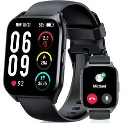 Vtkp Smartwatch 2.1 Zoll HD Touchscreen mit Bluetooth Anrufen 110+ Sportmodi Fitness und Schlaf Tracker Herzfrequenz wasserdicht iOS & Android - Schwarz