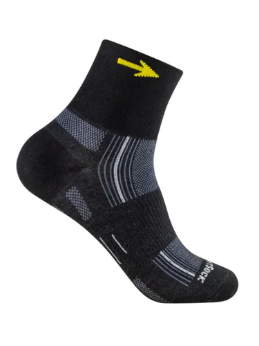 Wrightsock Quarter Stride - Knöchelhohe Anti-Blasen-Socke (schwarz/pilgerpfeil) - Doppellagige Wandersocke mit Jakobsmuschel-Motiv für optimalen Tragekomfort. Die mitteldicke Strickweise sorgt für eine perfekte Passform und zusätzlichen Halt über dem Knöchel. Ideal für lange Wanderungen.