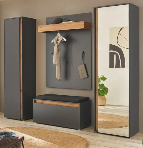 Furn.Design Garderoben-Set Center in grau matt und Wotan Eiche - Garderoben-Set mit 5 Teilen, inklusive Spiegel und Sitzbank, aus FSC®-zertifiziertem Holzwerkstoff, pflegeleicht und ideal für einen modernen Eingangsbereich.
