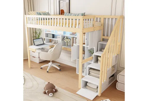 Ulife Hochbett mit LED-Leuchten,Ablageleiter,Regalen,Ablagefächern und Schreibtisch (Ohne Matratze) Kinderbett Jugendbett, 90x200 cm