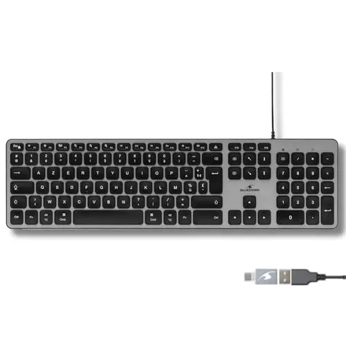 Bluestork Französische AZERTY-Tastatur, kabelgebunden, für Mac – konkave und leise Tasten, 13 Multimedia-Hotkeys, USB-/USB-C-Adapter – Tastatur für Mac und iPad – Schwarz