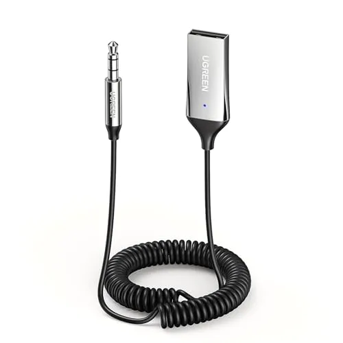 UGREEN Aux Bluetooth Adapter Auto Bluetooth 6.0 Empfänger Klinke für Freisprechanruf und Wireless Musik kompatibel mit Auto mit Aux und USB Anschluss, Lautsprecher, Verstärker (Silber-Standard)