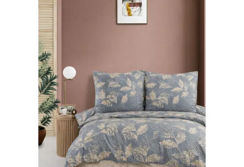 ZIRVEHOME Bettwäsche Graublau Beige Blattmuster, 2-teilig, 155x220 cm - Elegante Bettwäsche in Graublau mit beige Blattmuster. Hergestellt aus atmungsaktivem Baumwollmischgewebe für ein angenehmes Schlafklima. 2-teiliges Set für ganzjährigen Komfort, pflegeleicht und langlebig.