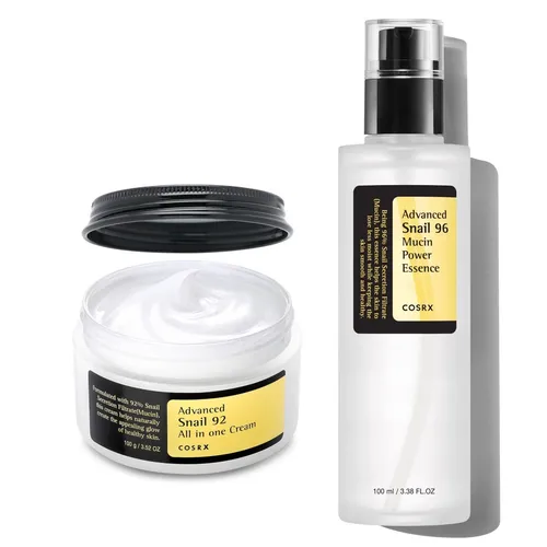 COSRX Advanced Snail Set: 92 All In One Cream + 96 Mucin Power Essence - Hautpflegeset für intensive Feuchtigkeit und Anti-Aging, ideal für trockene und empfindliche Haut mit 92% und 96% Schneckenschleim für glatte, jugendliche Haut.