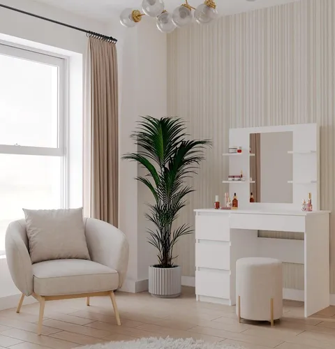 MARINA 4P MIJAS Schminktisch mit Spiegel und 4 Schubladen, Weiß - Moderner Schminktisch mit großem Spiegel und praktischen Ablagen. Ideal für Schlafzimmer oder Ankleidezimmer. Bietet viel Stauraum für Kosmetik und Accessoires.