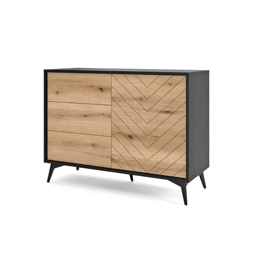Selsey Boulia Sideboard mit 3 Schubladen, Schwarz und Fischgrätfronten - Moderne Kommode in Schwarz mit elegantem Fischgrät-Design, ideal für Wohnzimmer, Schlafzimmer oder Arbeitszimmer. Bietet viel Stauraum und eine breite Tischplatte für Ihre Dekoration.