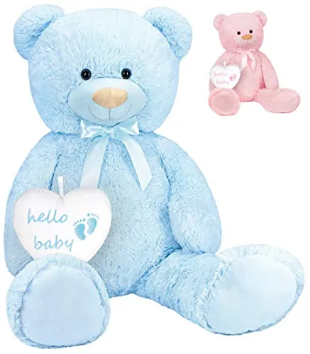 BRUBAKER XXL Teddybär 100 cm mit Hello Baby Herz - Kuscheltier für Neugeborene - Stofftiere & Teddybären: Flauschiger 100 cm Teddybär in Blau mit Herz-Plüschkissen, ideal als Babygeschenk zur Geburt oder Babyparty, bietet Geborgenheit und Wärme.
