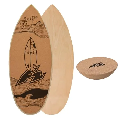 F2 Set Kork Balance Board Surf Flat Shape 74x30cm + Halbkugel - Kompaktes Kork Balance Board für effektives Gleichgewichtstraining. Die rutschfeste Oberfläche sorgt für sicheren Halt. Inklusive Halbkugel für vielseitige Übungen – ideal für Einsteiger:innen und Fortgeschrittene.