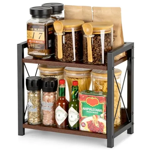 ANBOXIT Regal Küche Arbeitsplatte, Küchenregal Klein, Holz Kaffee Organizer, 2 Tier Kleines Regal für Küche Ecke, Büro, Badezimmer - Braun