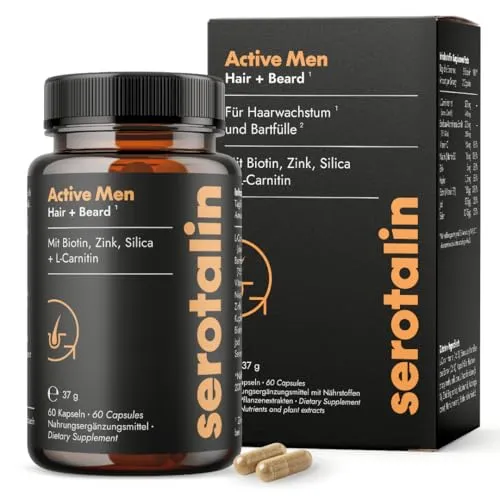 Serotalin® ACTIVE MEN Hair + Beard für Männer - Nahrungsergänzungsmittel mit hochdosiertem Biotin für Haar, Haut und Nagel Gesundheit. Ideal für Männer, vegan und alkoholfrei.