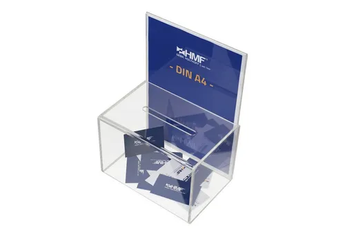 HMF Geldkassette Acryl Spendenbox 4691 - Transparente Spendenbox aus kratzfestem Acryl, ideal für Gewinnspiele und Sammlungen. Mit DIN A4 Blatteinschub für Spendenaufrufe, Maße: 22 x 15 x 15 cm.