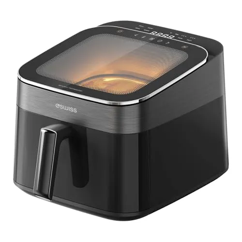 4SWISS Heißluftfritteuse mit Sichtfenster 6,5L, Airfryer XL 1700W mit 12 Programme, 180 °C in 1,44 Min, Air Fryer Ölfrei und Leicht zu Reinigen, Energiesparend (ABB-025 Skylight)