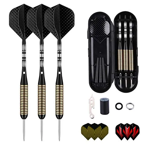 sanfeng Dartpfeile mit Metallspitze, 3 Stück 27 Gramm Steeldarts, Steel Darts Pfeile mit Aluminum Schafts 9 Flights,50 Anti-Lose Gummiringe 12 Spring Rings 1 Dart Tool Sharpener