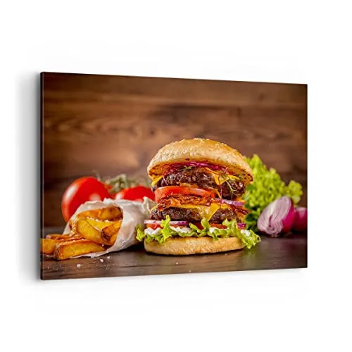 Bilder auf Leinwand 100x70cm Leinwandbild mit Rahmen Hamburger Sandwich Groß Wanddeko Bild Schlafzimmer Küche Deko Wandbilder Dekoration Wohnzimmer Wall Decor Canvas Wand Kunstdruck Art AA100x70-3795
