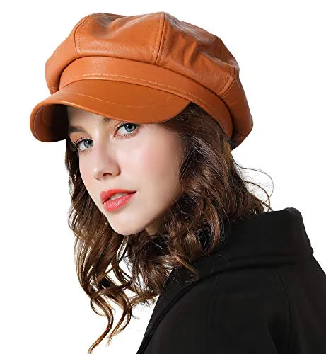 Genfien Schirmmütze Barett Mütze Damen Bakerboy Mütze Beret Cap PU Leder Winter Warm Soft Mode lässig Schirmmützen für Damen Outdoor