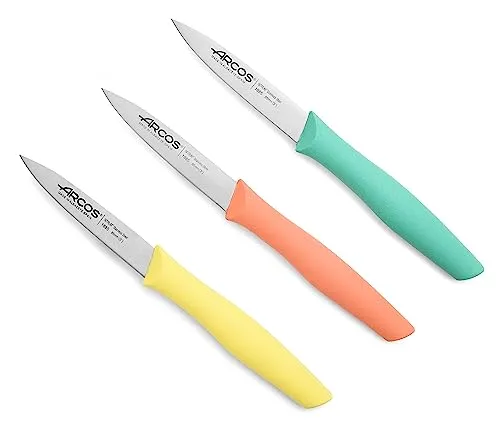 Arcos Küchenmesser Set 3 teilig aus Edelstahl Serie Nova. Schälmesser für Obst und Gemüse mit ergonomischem Polypropylen Griff. Farben Orange, Gelb, Blau
