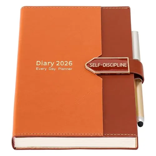 Mljtoyo A5-Tagesplaner 2026, Tag pro Seite, Produktivitätstagebuch, Januar bis Dezember (Braun, A5)