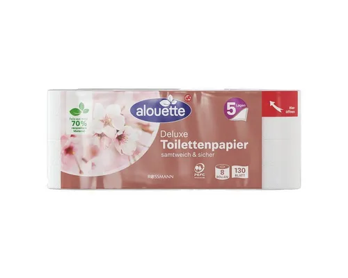 alouette Toilettenpapier Deluxe (8-St), 5-lagig, weiß, geprägt & perforiert - Hochwertiges Toilettenpapier »Deluxe« mit 5 Lagen und 130 Blatt pro Rolle. Besonders weich und reißfest, ideal für hygienische Ansprüche. Parfümfrei und mit dekorativer Prägung für ein angenehmes Gefühl.