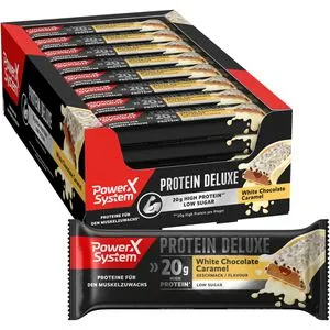 Power-System Proteinriegel Deluxe, 15 Riegel, White Choc Caramel,je 55g,pro Riegel 19,9g Protein