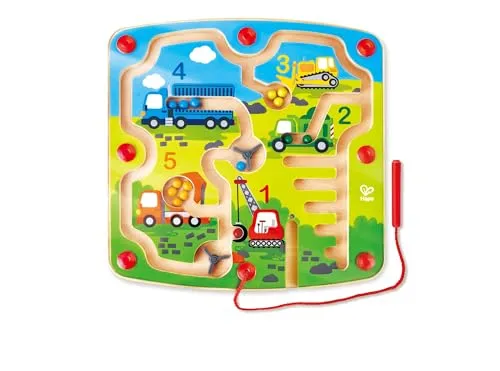 Hape E1713A Baufahrzeuge-Labyrinth - Magnetspiel für Kinder ab 24 Monaten, fördert Feinmotorik und logisches Denken mit kniffligen Ecken und Drehtüren