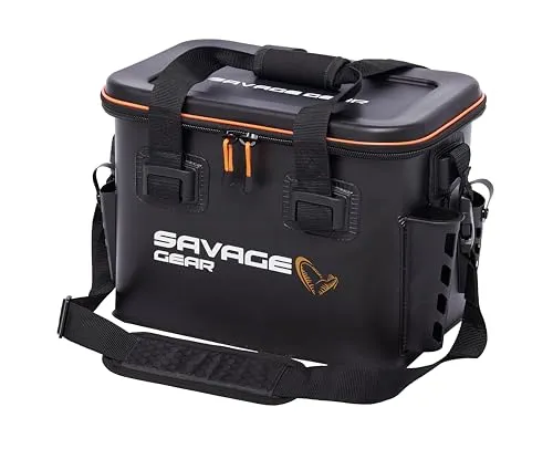 Savage Gear WPMP Bootstasche - Angeltasche für Raubfischangeln - Ködereimer mit Hartschale, zwei äußeren Rutenhaltern und Schulterriemen, ideal für Süß- und Salzwasserangeln. Größe: 36cm x 23cm x 28cm (24l), Farbe: Schwarz.