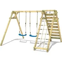 Wickey Doppelschaukel Smart Cliff – Gartenschaukel mit Kletterwand - Schaukeln und Klettern in einem! Diese Doppelschaukel aus wetterfestem Holz fördert Motorik & Gleichgewicht. Mit 10 Jahren Garantie und höhenverstellbaren Sitzen für Kinder ab 3 Jahren.