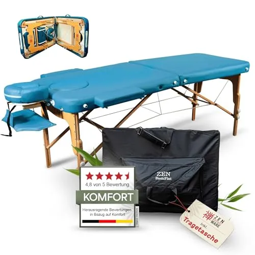 ZEN BASIC III Massageliege klappbar & mobile Massagetisch aus Holz, stabile Massagebett - Massagebank höhenverstelbar, Tattoo & Kosmetikliege, Behandlungsliege mit Kopfteil, Armstütze & Tasche, Türkis