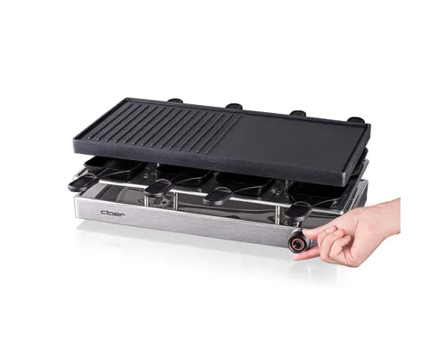 Cloer Raclette-Grill 6458 - 8 Pfännchen - Raclette-Grill mit 8 antihaftbeschichteten Pfännchen und abnehmbarer Grillplatte (42 x 21 cm). Ideal für gesellige Abende, mit Temperaturregelung und rutschfesten Füßen.