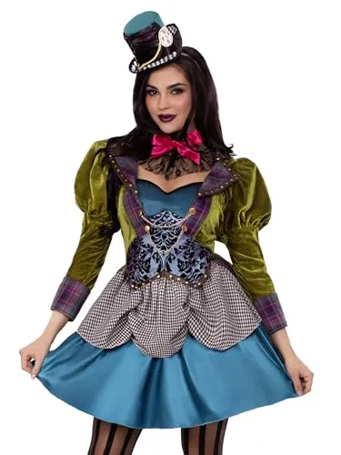 Leg Avenue Deluxe Mad Hatter Kostüm für Damen - Größe S (EUR 36) - Kostüm-Outfit für Erwachsene mit luxuriösem high/low Kleid, samtigem Mantel und einzigartigem Zylinder – perfekt für Karneval oder Mottopartys!