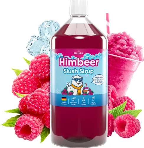 Belissia Slush Eis Sirup 1000ml Konzentrat | Himbeer Geschmack | sehr ergiebig in knalligen Farben (1:5) für bis zu 6 Liter | Glycerin frei