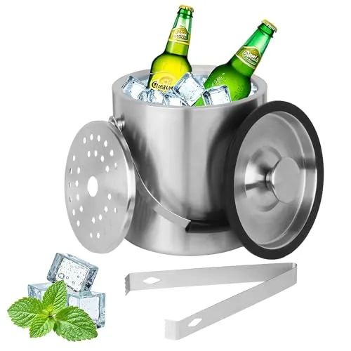 L Eisbehälter, Eisbehälter aus Edelstahl 2 L, Edelstahl-Eiskübel, doppelwandig, doppelwandiger isolierter Eisbehälter für Eiswürfel, ideal zum Kühlen von Bier, Champagner, Wein und Obst 2