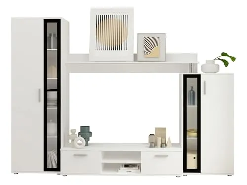 Wohnwand Bentley – Stilvolle Anbauwand mit LED-Beleuchtung - Moderne Wohnwand in Weiß/Schwarz, bietet viel Stauraum und elegante Vitrinen mit gehärteten Glasböden. Ideal für ein stilvolles Zuhause.