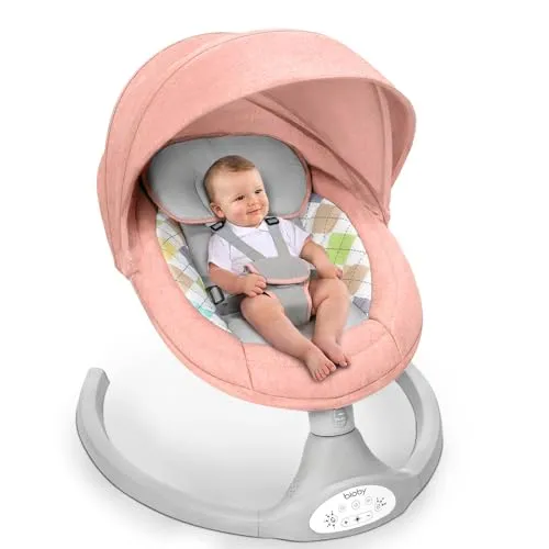 Bioby Elektrische Babywippe | Babyschaukel mit 5-Punkt-Gurt & 5 Schaukelmodi, Leicht & Sicher Wippe Baby Elektronisch mit Bluetooth-Musik & Fernbedienung, für 0-6 Monate (2-9 kg), Rosa