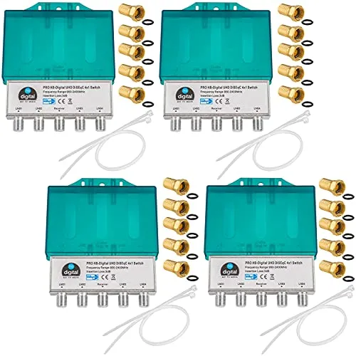 4X PRO DiseqC Schalter Switch 4/1 mit Wetterschutzgehäuse HB-DIGITAL 4X SAT LNB 1 x Teilnehmer/Receiver für Full HDTV 3D 4K UHD + 20 x Vergoldete F-Stecker Vergoldet