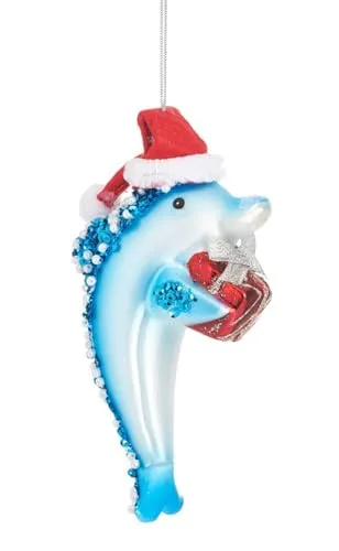 Baumschmuck Delphin mit Geschenk - Baumkugel Delfin, Weihnachtsdeko Meer Fisch, Christbaumkugel, Christbaumschmuck, Weihnachten