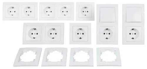 Schalter und Steckdosen Set McPower Flair ''Niveau'', 23-teilig, weiß - 23-teiliges Set aus der Flair Serie, ideal für eleganten Einbau in jedem Raum. Flexibel kombinierbar mit verschiedenen Rahmen und bietet hohe Verarbeitungsqualität.
