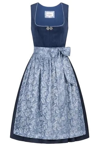 Nübler Dirndl midi Damen - 2 teilig inkl. Kleid und Dirndl Schürze, Rocklänge 60cm - Moderne bayrische Tracht, Gemma in Blau, Größe:38