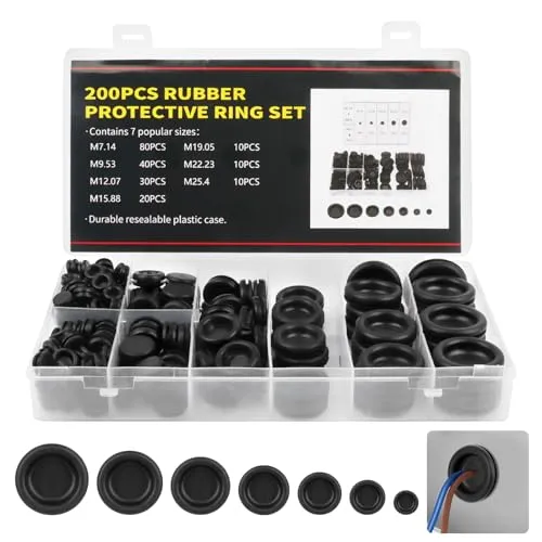 Gummi Kabeltüllen Set - 200 Stück - Manschetten & Nieten, ideal für eine sichere und saubere Kabeldurchführung mit 200 Stück in Schwarz.