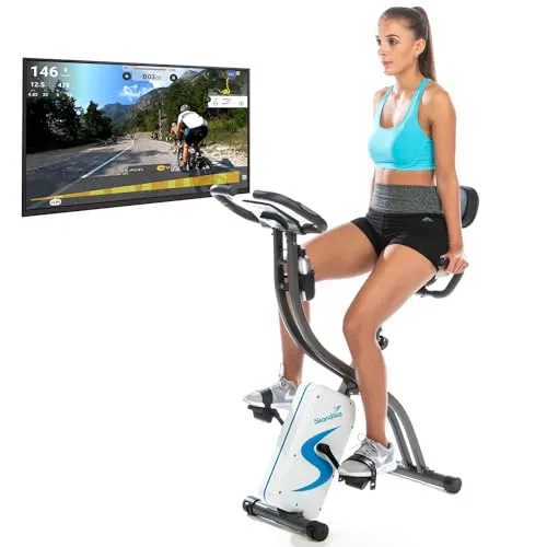 Skandika Heimtrainer Foldaway X-2000 - Klappbares Fitnessbike mit Bluetooth - Fahrradergometer mit 16-stufigem computergesteuertem Widerstand, ideal für platzsparendes Training und geeignet für bis zu 130 kg Benutzergewicht.