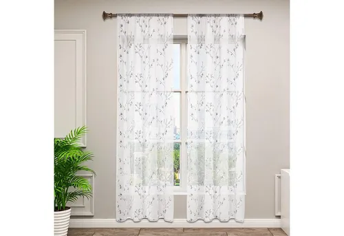 WOLTU 2er Set Gardinen transparent mit Blumen Stickerei - Schiebevorhänge in Leinenoptik, lichtdurchlässig und mit dekorativer Stickerei, ideal für stilvolle Fensterdekoration in Wohn- und Schlafzimmer.