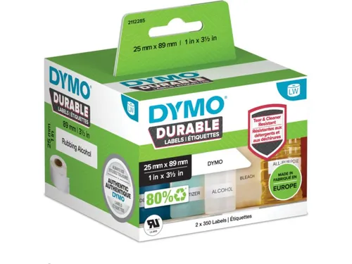 DYMO 2112285 Etiketten Rolle 89 x 25mm - Universal-Aufkleber aus langlebiger Polypropylen-Folie, ideal für dauerhafte Beschriftungen mit 700 Etiketten pro Rolle.