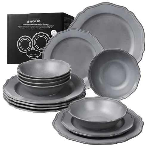 Navaris Scandi Stil Porzellan Geschirrset für 6 Personen - 18-teiliges Kombiservice aus hochwertigem, spülmaschinenfestem Porzellan in elegantem Grau. Ideal für Alltag und besondere Anlässe, mit platzsparendem Design und stilvollem Finish.