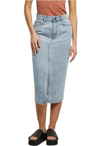Urban Classics Damen Midi Denim Rock - Tinted Lightblue Washed - Röcke für Damen, asymmetrischer Look mit hohem Schlitz und optimalem Tragekomfort durch hochwertigen Baumwollstoff.