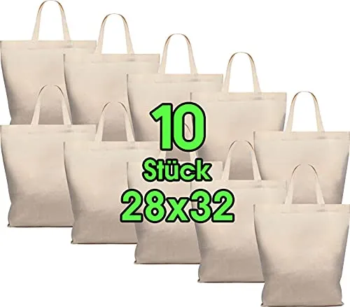 STÜCK 28x32 cm Baumwolltasche midi – Jutebeutel – Natur Apothekertasche, Tragetasche Set Beutel, Geschenktasche OEKO-TEX® zertifiziert Stofftasche unbedruckt, Henkel klein zum bemalen und bedrucken 10