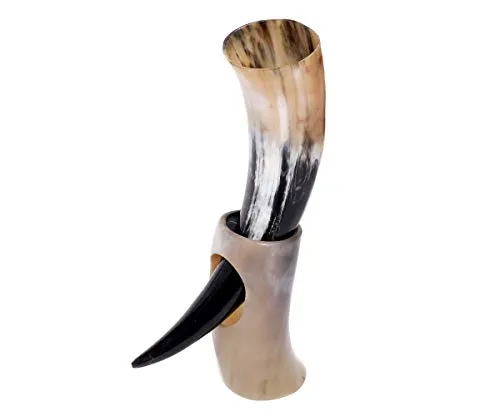 Brillibrum Design Trinkhorn Becher echtes Kuhhorn poliert mit Griff Wikinger Becher Trink-Gefäß aus Horn Bierkrug Mittelalter Unikat Horntasse Met (200 ml, Kuhhorn mit Hornständer)