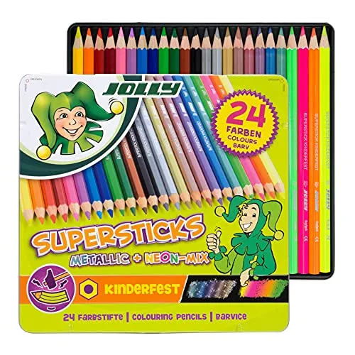JOLLY SUPERSTICKS METALLIC + NEON-MIX Buntstifte 24 St. - Schreibutensilien mit 24 farbsortierten Buntstiften in Metallic- und Neonfarben, ideal für kreative Projekte und bunte Kunstwerke.