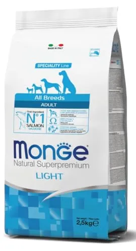 Monge Light Adult Salmon and Rice - Nährstoffreiches Hundefutter - Hundefutter für alle Rassen, kalorienreduziert und ideal für übergewichtige Hunde, unterstützt die Darmgesundheit mit XOS.