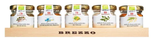 Honig Geschenkset Bio Minigläser auf Holztablett 5x35g Glas Apicoltura Brezzo IT